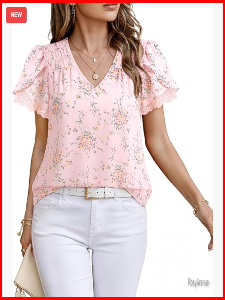 Lace Petal Short Sleeve Blouse V Neck Summer Top Work Office